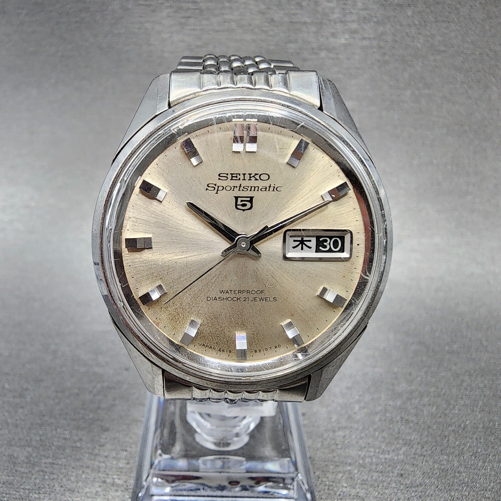 Seiko 5 Sportsmatic Watch Men 36mm Silver Dial Steel Daydate Automatic Runs0