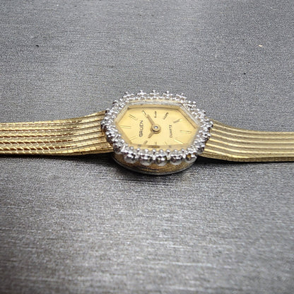 Gruen Watch Women 14mm Gold Dial Gold Tone Hexagon Diamond Bezel READ!! New Batt5