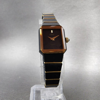 Pulsar Tank Watch Women 17mm Black Dial Black Gold Tone Rectangle New battery5