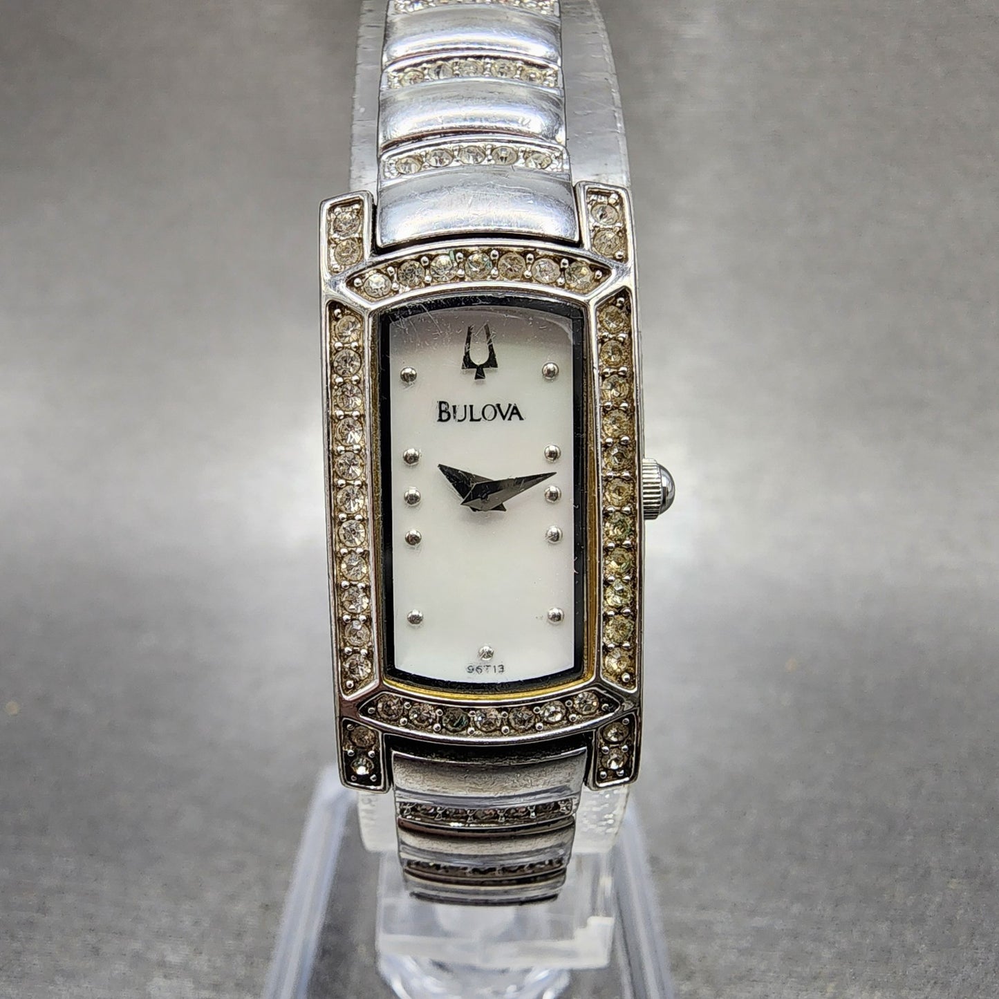 Bulova Tank Watch Women 15mm MOP Dial Silver Tone Crystal Accent 96T13 New Batt0