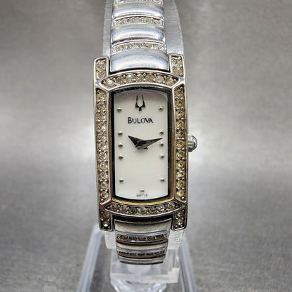 Bulova Tank Watch Women 15mm MOP Dial Silver Tone Crystal Accent 96T13 New Batt0