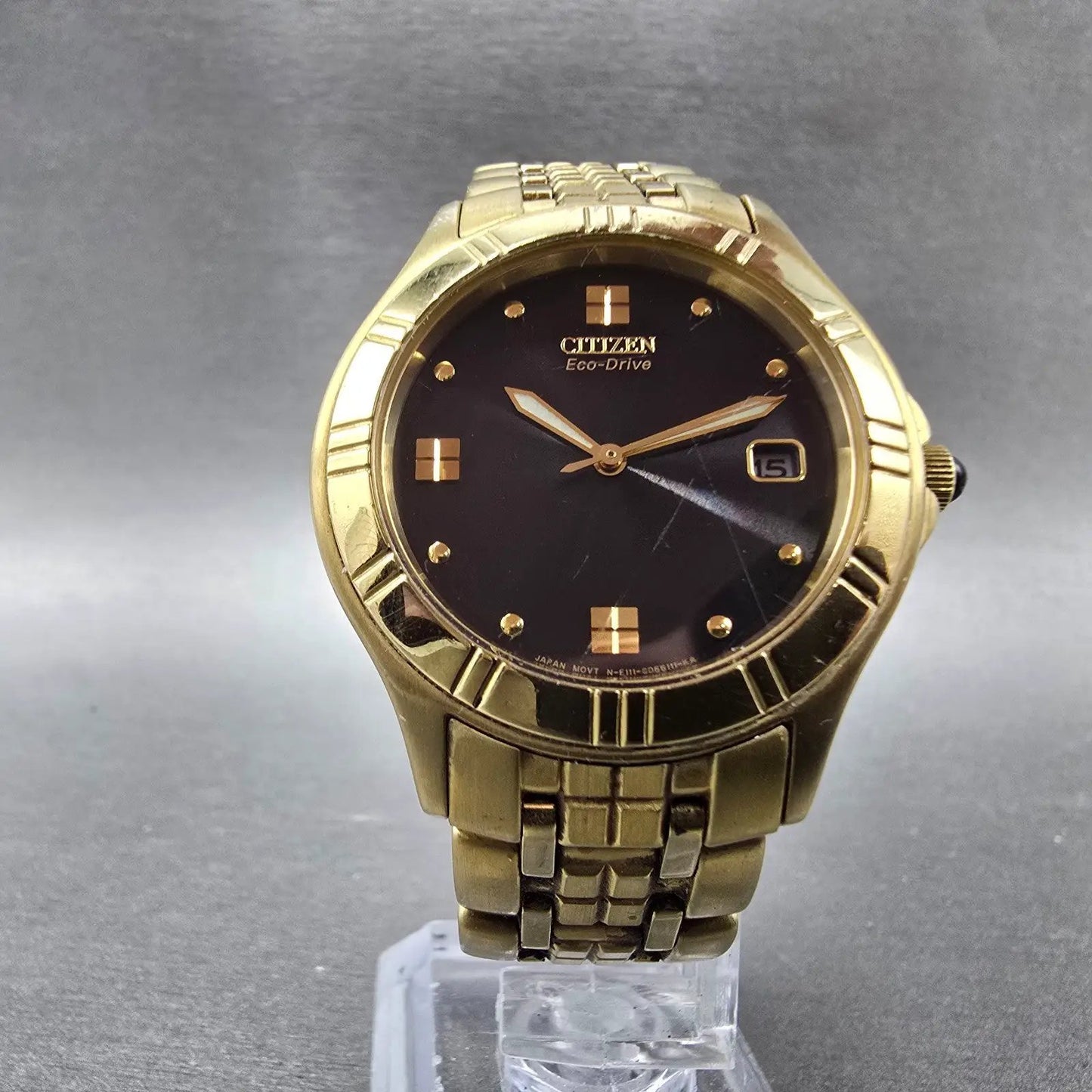 Citizen Eco-Drive Watch Men 35mm Blue Dial Gold Tone Date E111-S040264 Runs5