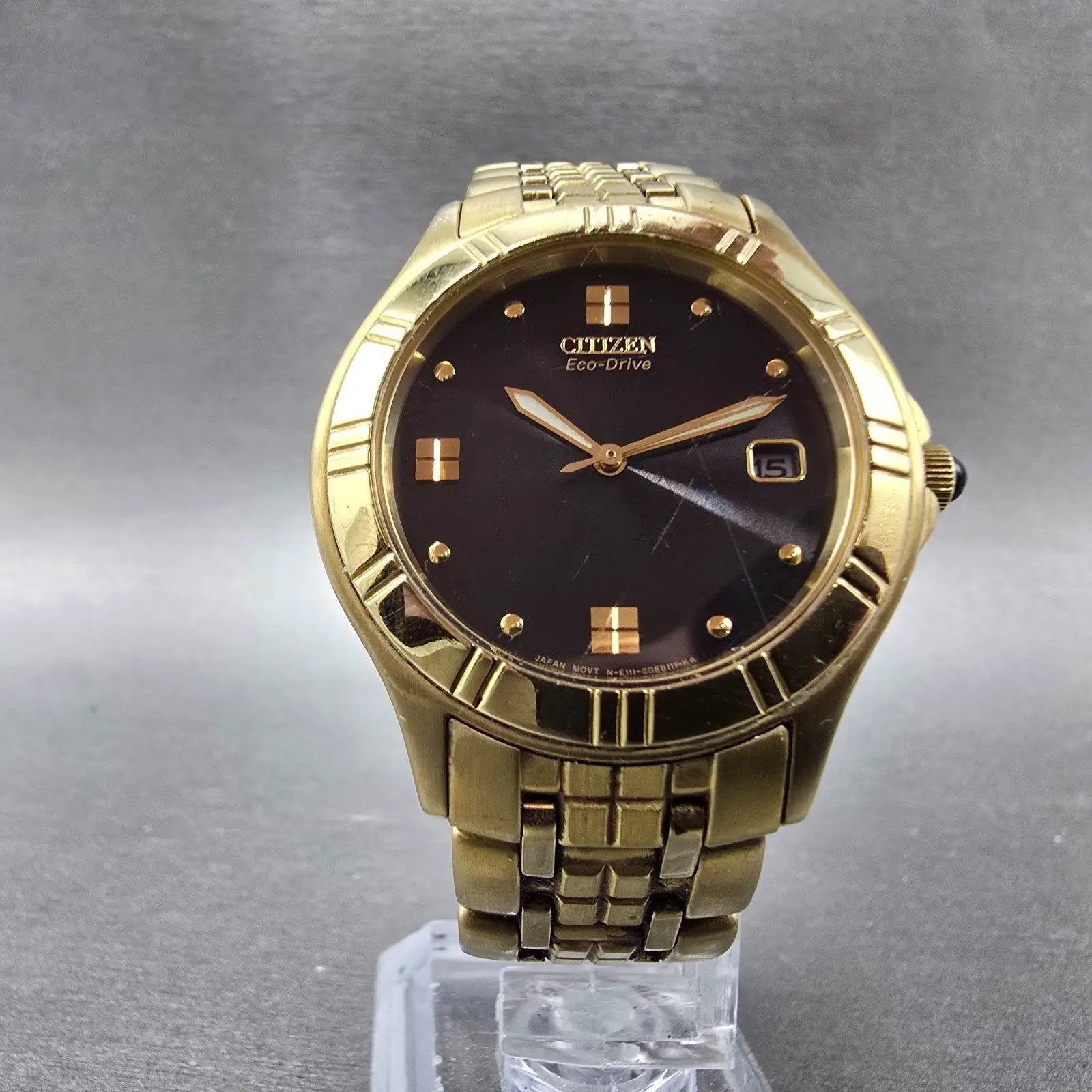 Citizen Eco-Drive Watch Men 35mm Blue Dial Gold Tone Date E111-S040264 Runs5