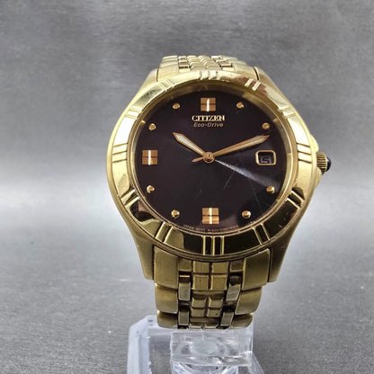 Citizen Eco-Drive Watch Men 35mm Blue Dial Gold Tone Date E111-S040264 Runs5