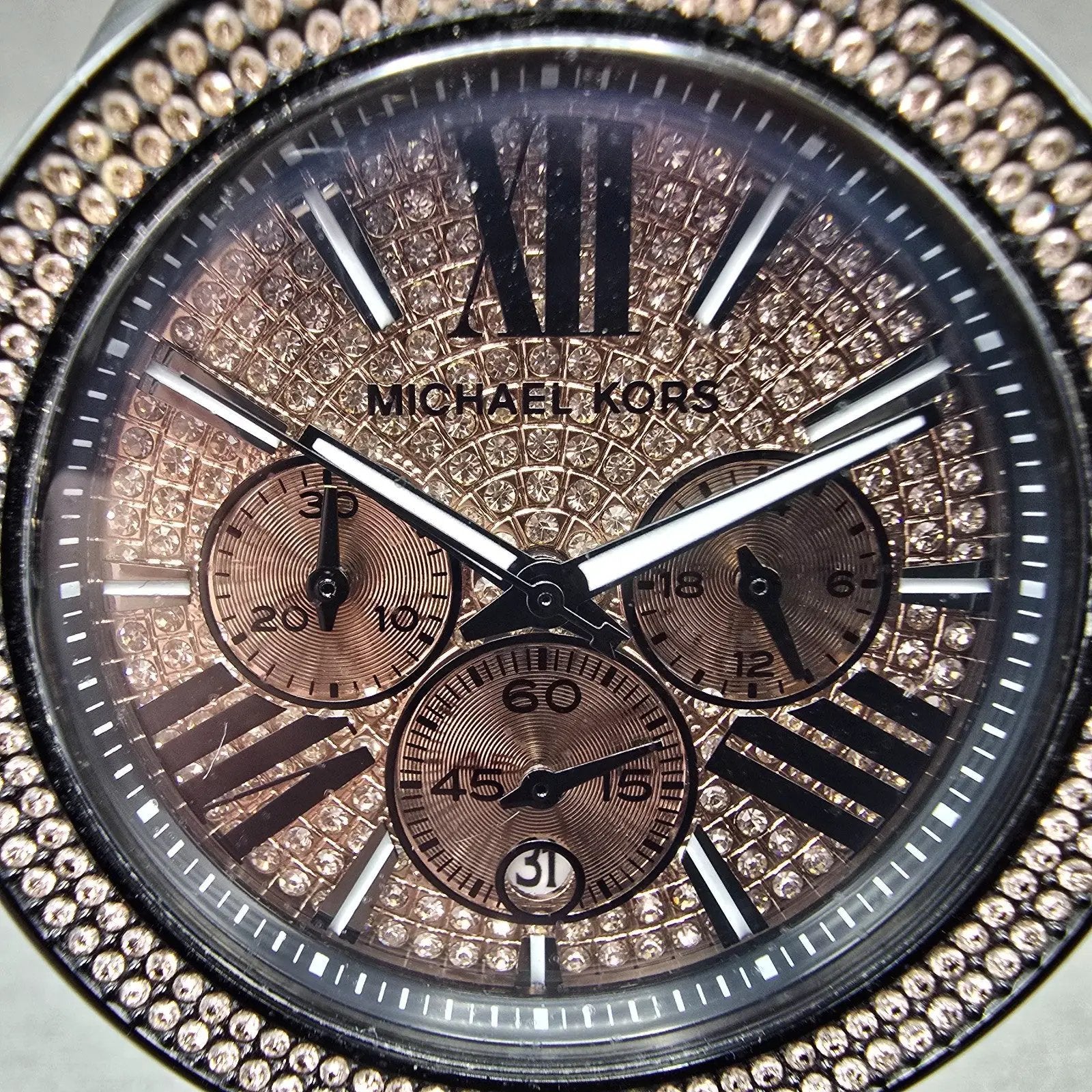 Michael Kors Wren Chronograph Watch Women 42mm Pink Dial Black Tone Dat New Batt1