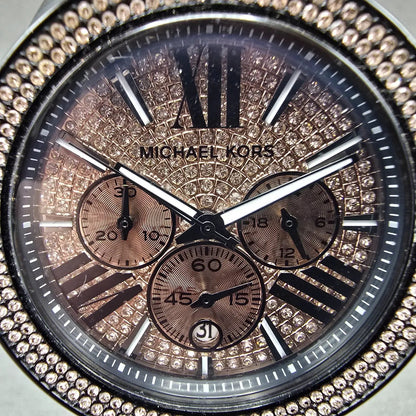 Michael Kors Wren Chronograph Watch Women 42mm Pink Dial Black Tone Dat New Batt1