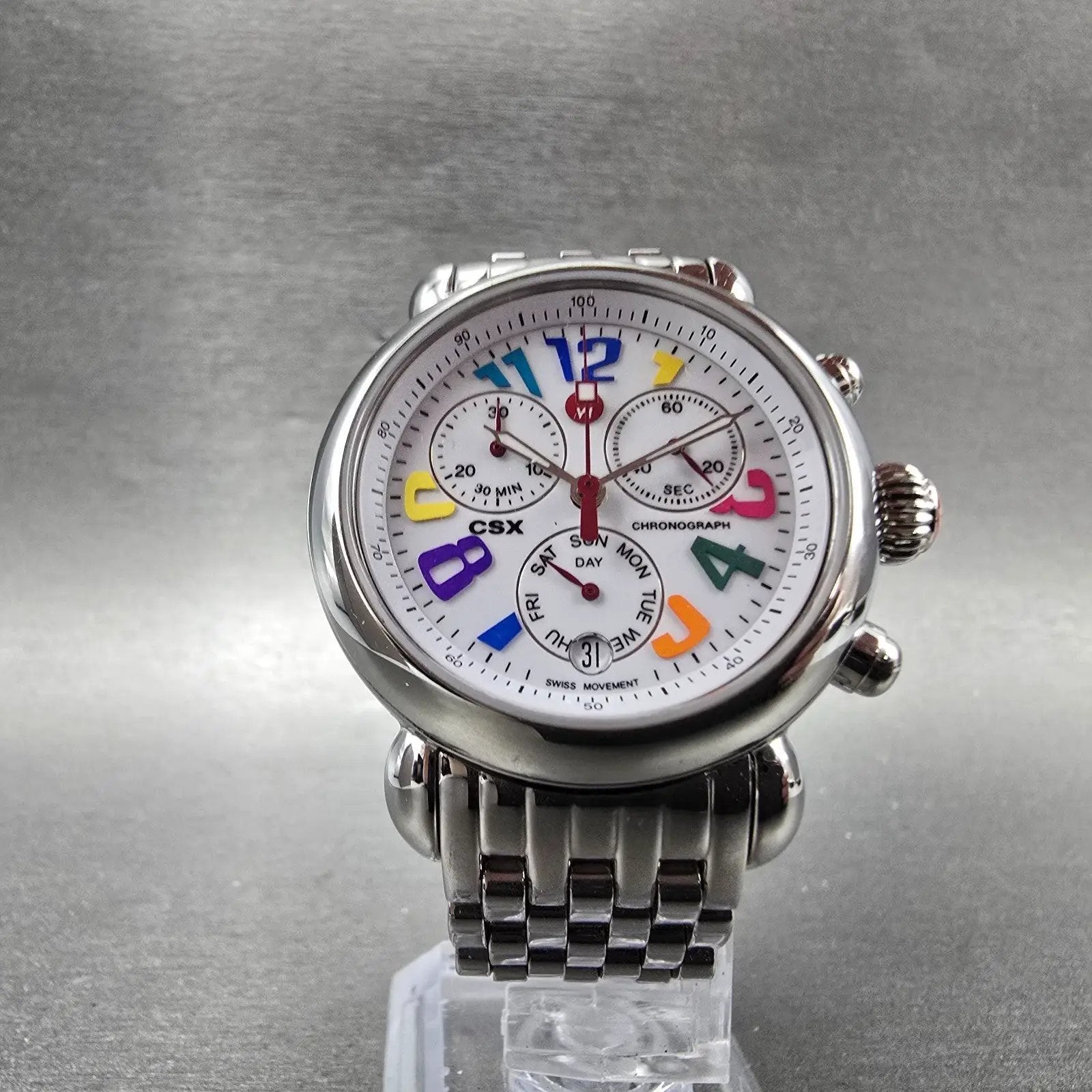 Michele CSX Carousel Chronograph Watch Women 36mm White Dial Steel Dayate NewBat6