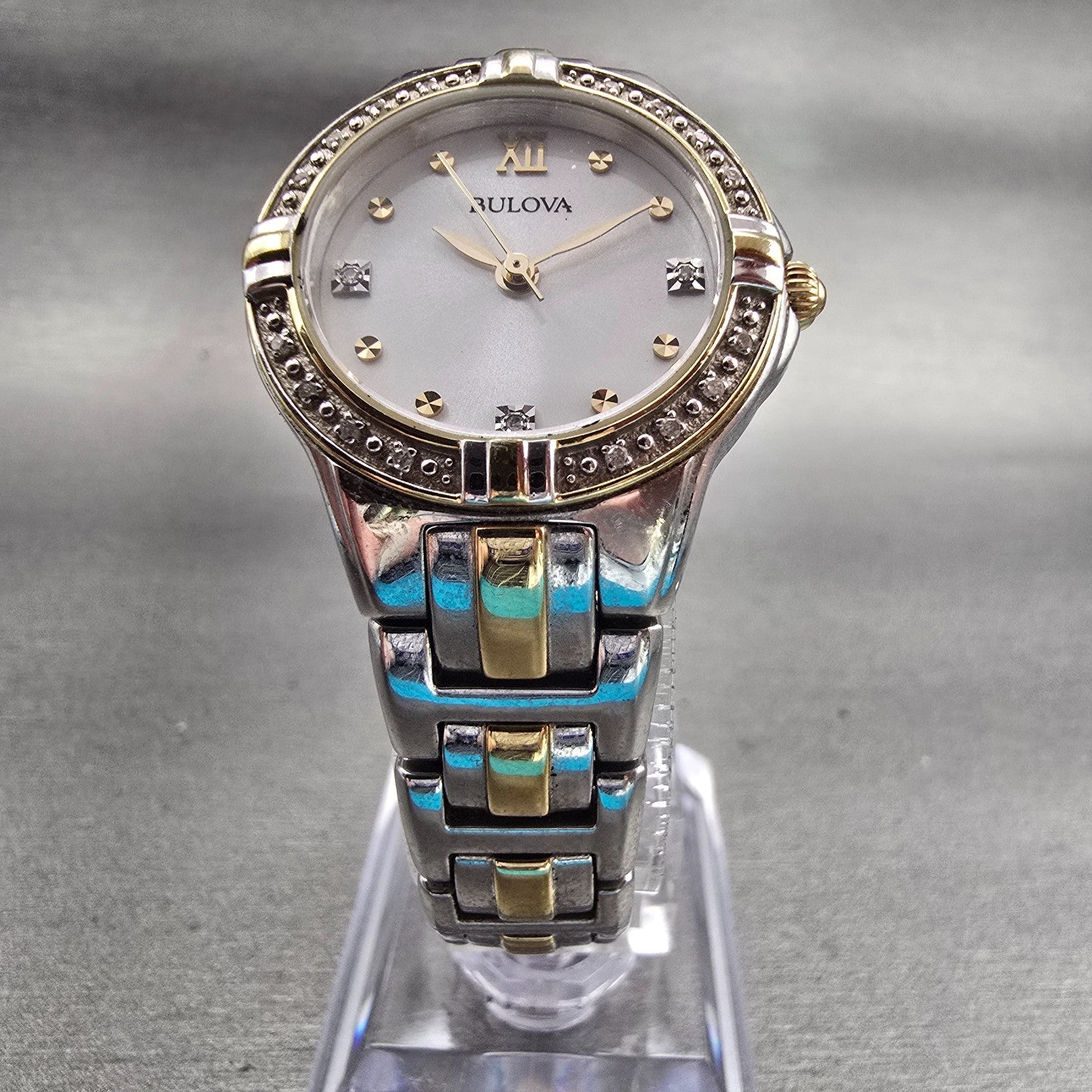 Bulova Watch Women 26mm Silver Dial Two Tone Gemmed Bezel 98R166 New Battery5