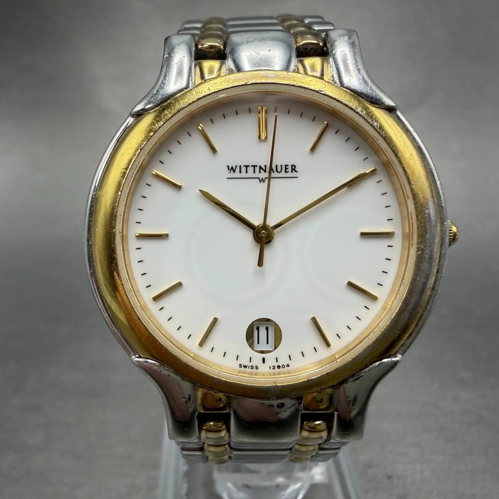 Wittnauer Watch Men 33mm White Dial Two Tone Date Round 12B04 PARTS Vintage0