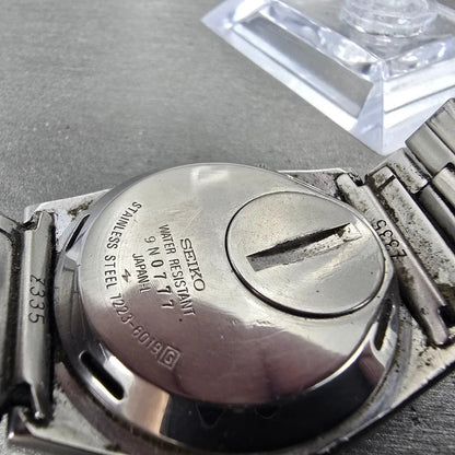 Seiko SQ Alarm Watch Men 36mm Black Dial Silver Tone Daydate 7223-6019 New BattL9