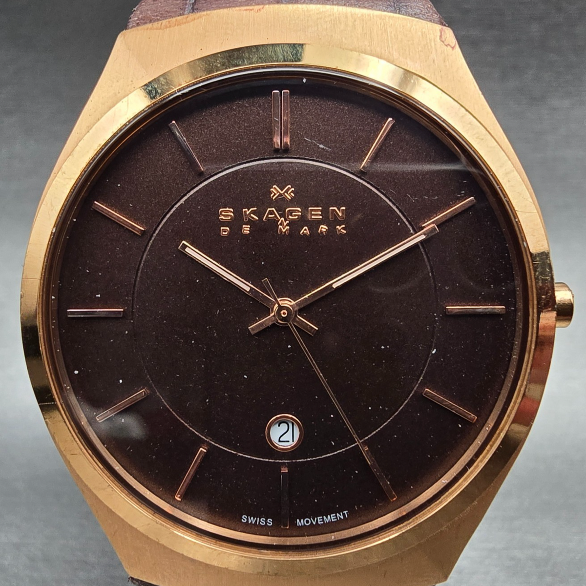 Skagen Watch Men 39mm Brown Dial Rose Gold Tone Date Round 925XLRLD New Battery1