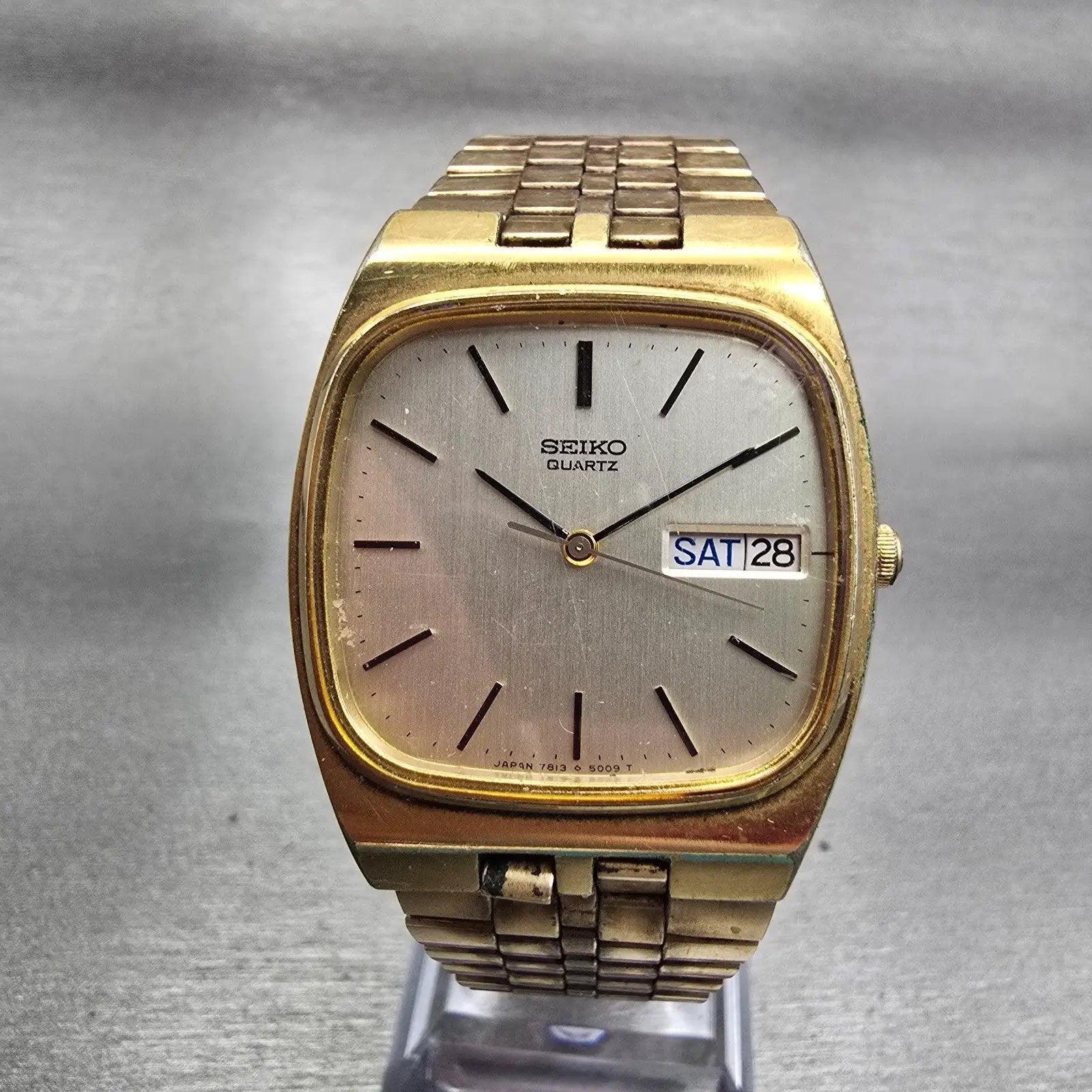 Seiko Watch Men 32mm Silver Dial Gold Tone Daydate 7813-5009 New Battery Vintage0