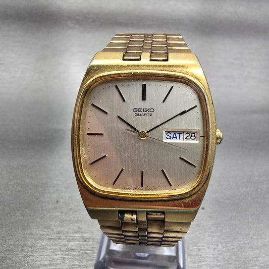 Seiko Watch Men 32mm Silver Dial Gold Tone Daydate 7813-5009 New Battery Vintage0