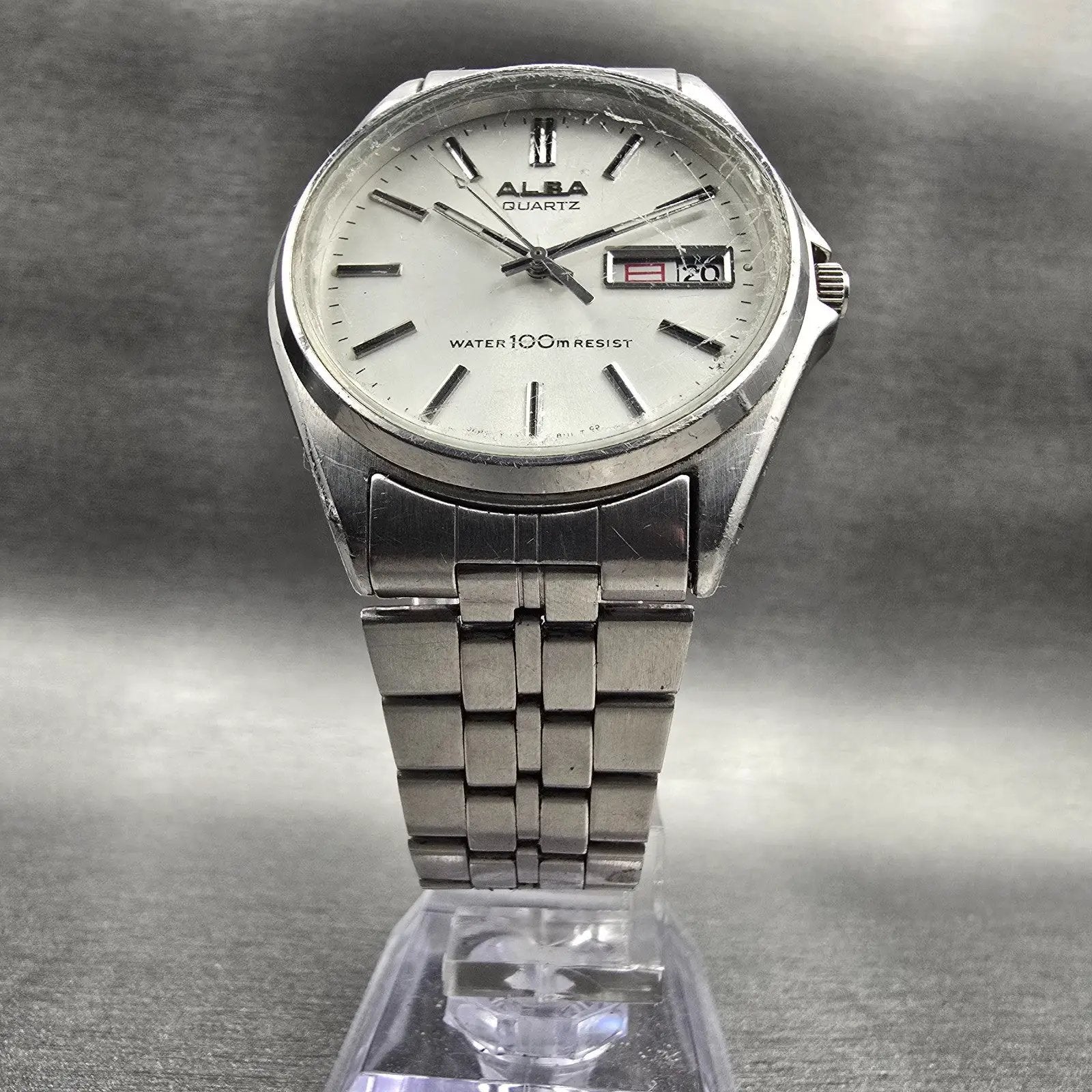 Seiko Alba Watch Men 35mm Silver Dial Silver Tone Daydate Round Y113-8100 NewBat5