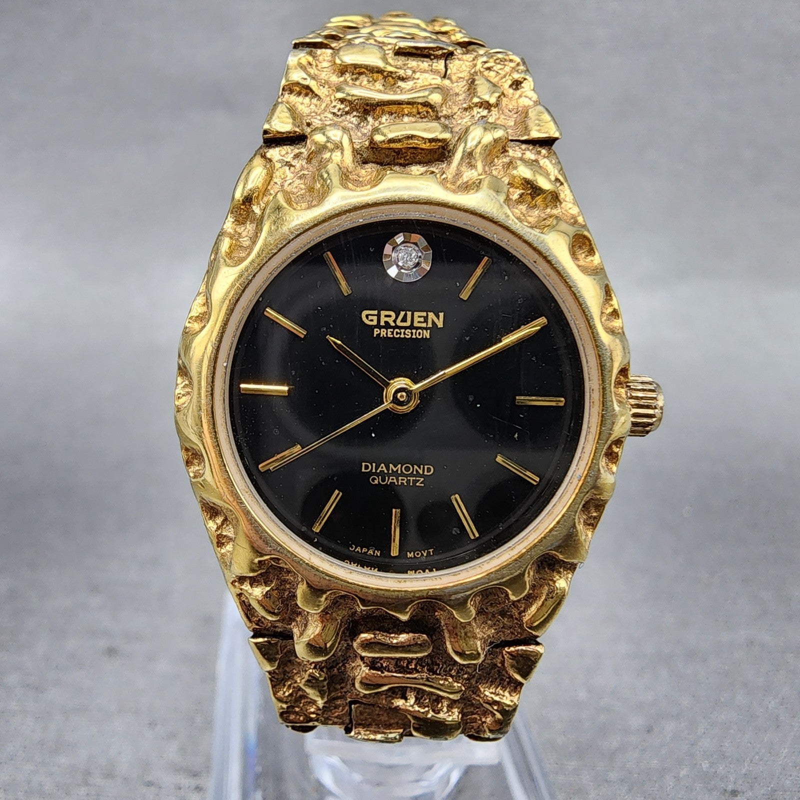 Gruen Watch Women 25mm Black Dial Gold Nugget Case Tone New Battery VTG0