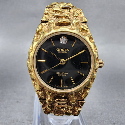 Gruen Watch Women 25mm Black Dial Gold Nugget Case Tone New Battery VTG0
