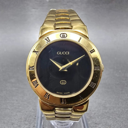 Gucci 3300L Watch Women 25mm Black Dial Gold Plated Round New Battery Vintage1