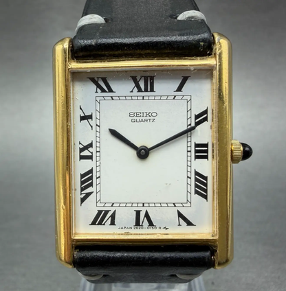 Seiko Tank Watch Men 26mm White Dial Gold Tone Rectangle 2620-5049 New Battery0