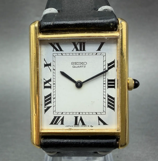 Seiko Tank Watch Men 26mm White Dial Gold Tone Rectangle 2620-5049 New Battery0