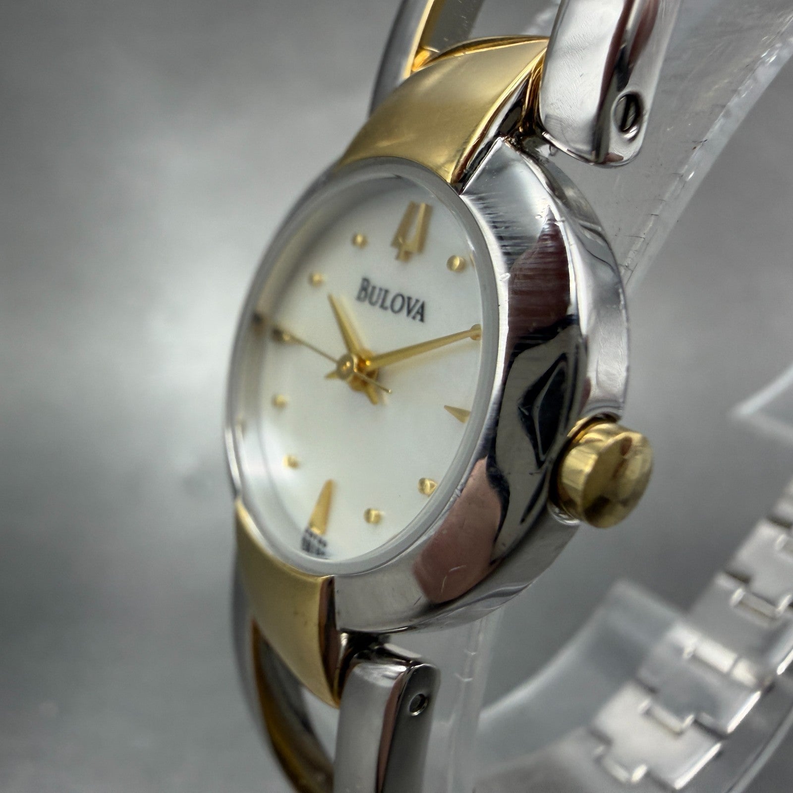 Bulova Watch Women 22mm MOP Dial Two Tone Round 98T80 Bangle New Battery ABCD1232