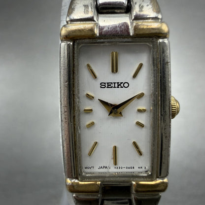 Seiko Tank Watch Women 13mm White Dial two Tone Rectangle V220-0ab0 New Batt OH71