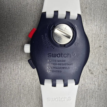 Swatch Free & Brave Chronograph Watch Men White Dial Blue Date SUSZ401 New Batt310