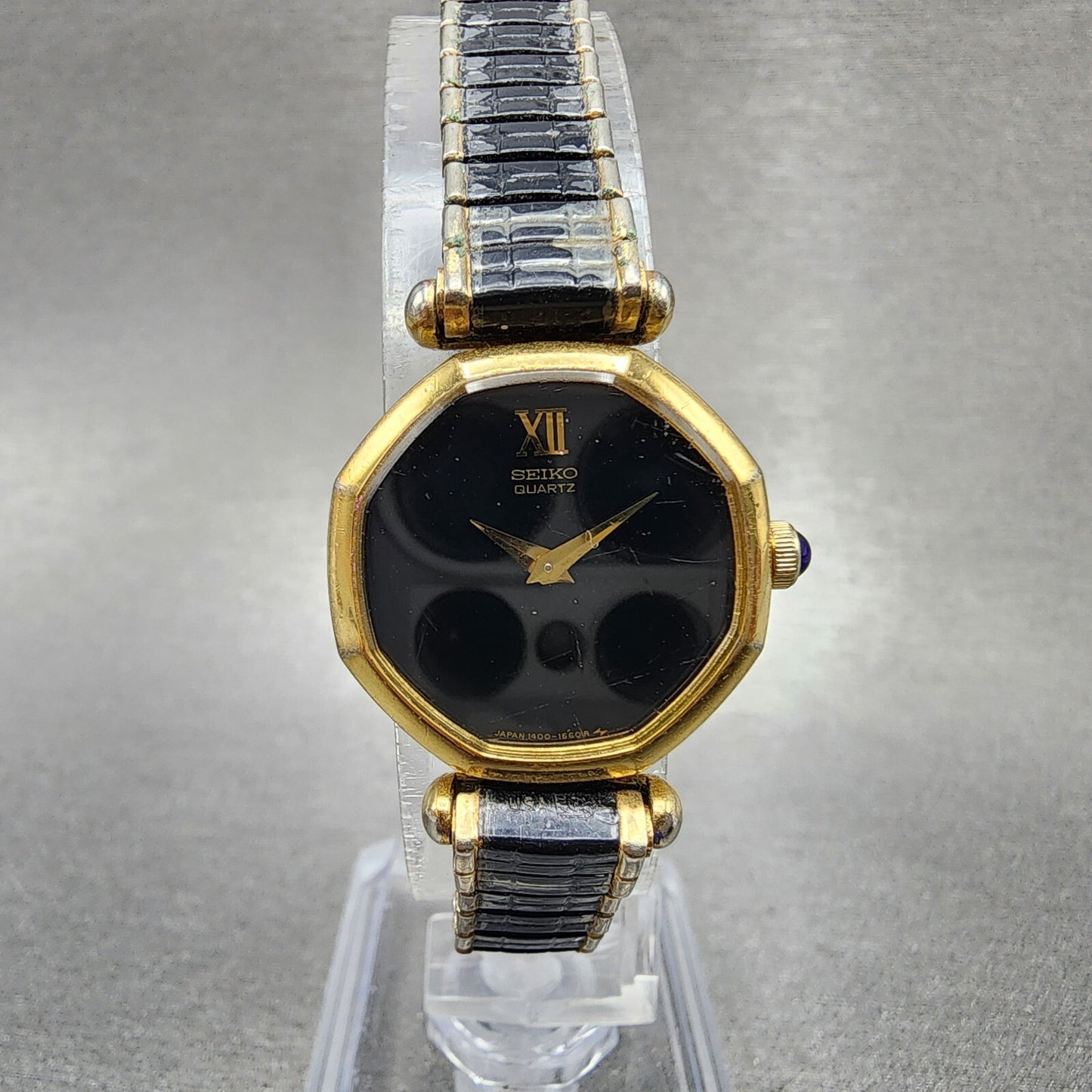 VTG Seiko Watch Women 17mm Black Dial Gold Tone Octagon 14005269 New Battery0