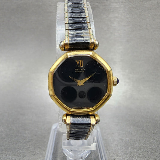 VTG Seiko Watch Women 17mm Black Dial Gold Tone Octagon 14005269 New Battery0