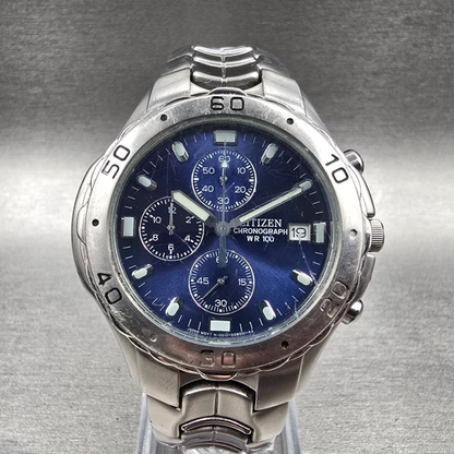 Citizen Chronograph Watch Men 41mm Blue Dial Silver Tone 0510-S92294 New Batt KF0