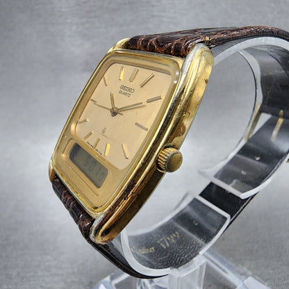 Seiko Analog Digital Watch Men 30mm Champagne Dial Gold Tone New Battery READ!!!2