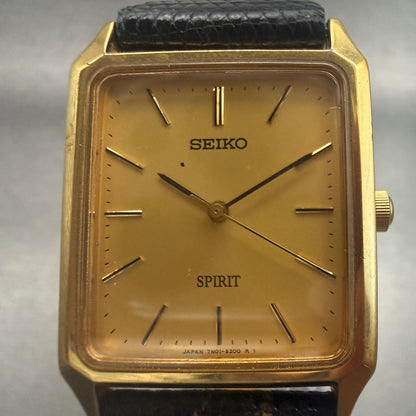 Seiko Spirit Watch Men 25mm Gold Dial Gold Tone Rectangle 7N01-5180 New Battery1