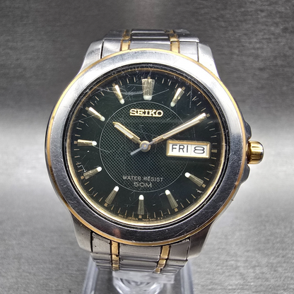 Seiko Watch Men 38mm Black Dial Two Tone Daydate Round 7N43-8309 New Battery0