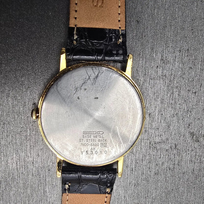 Seiko Watch Men 34mm Black Dial Gold Tone Round 7N00-8A00 New Battery Vintage10