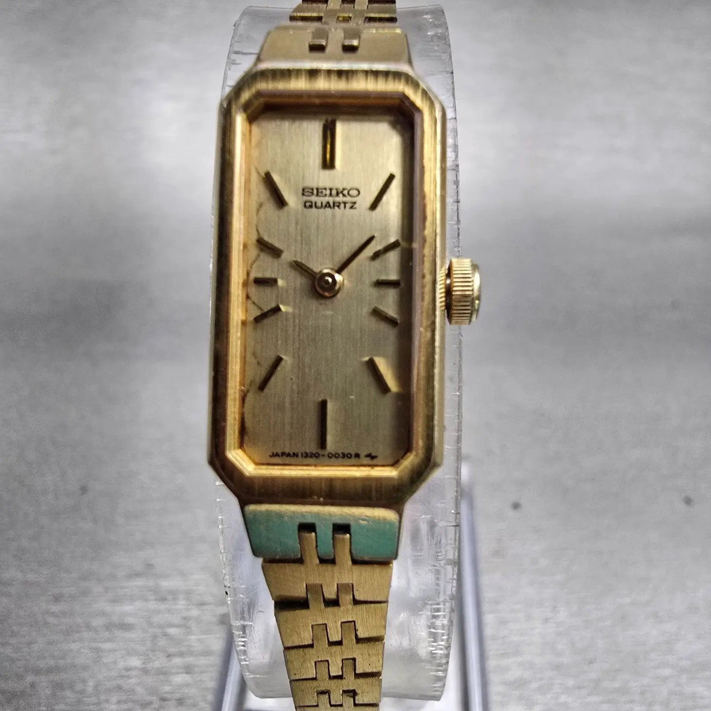 Seiko Watch Women 12mm Gold Dial Gold Tone Rectangle 1320-5029 New Battery VTG0