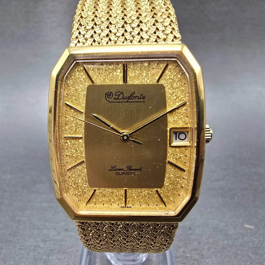 Lucien Piccard Dufonte Tank Watch Men 27mm Gold Dial Gold Date Rectangle New Bat0
