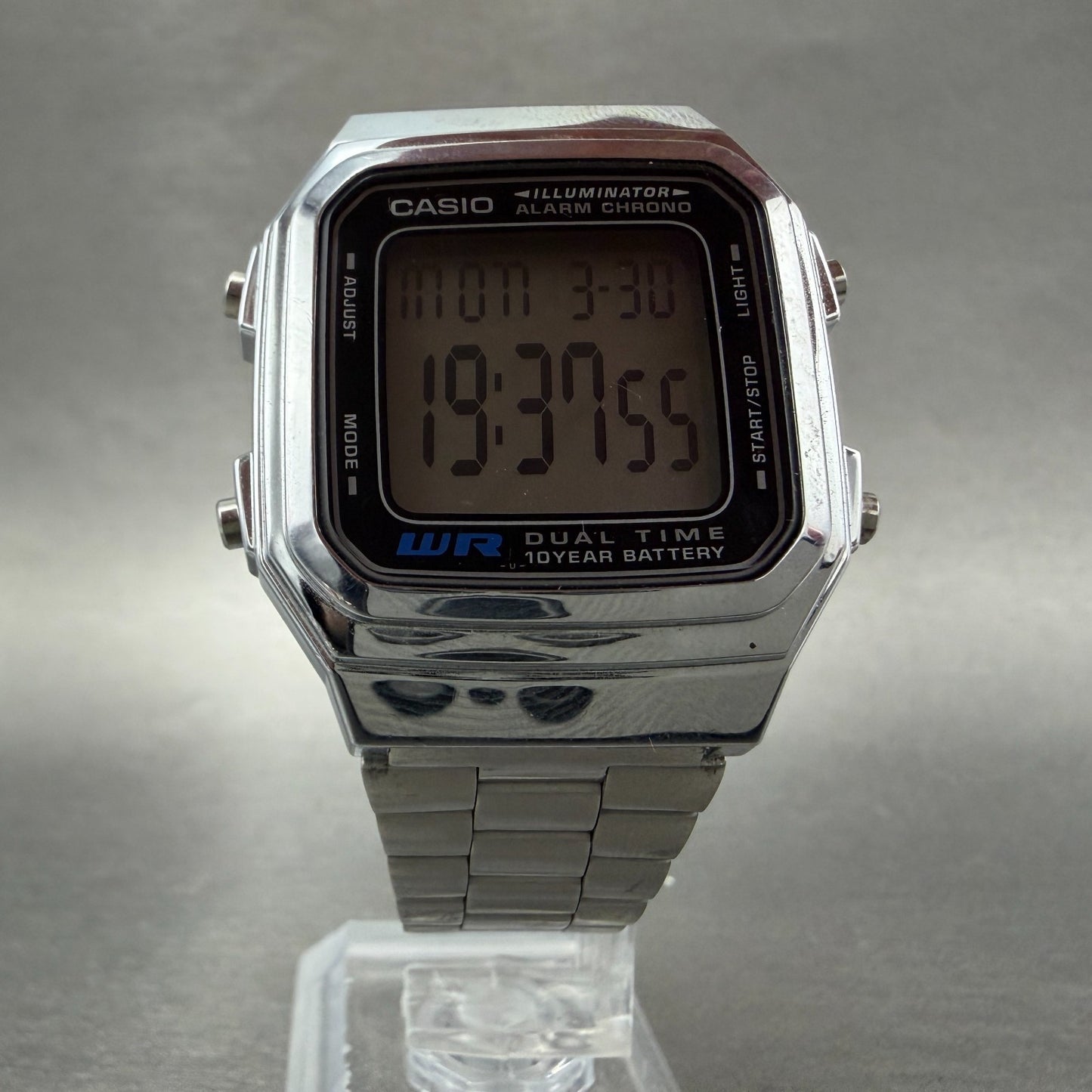 Casio Iluminator Digital Watch Men 34mm Silver Tone Alarm Chrono A178W New Batt5