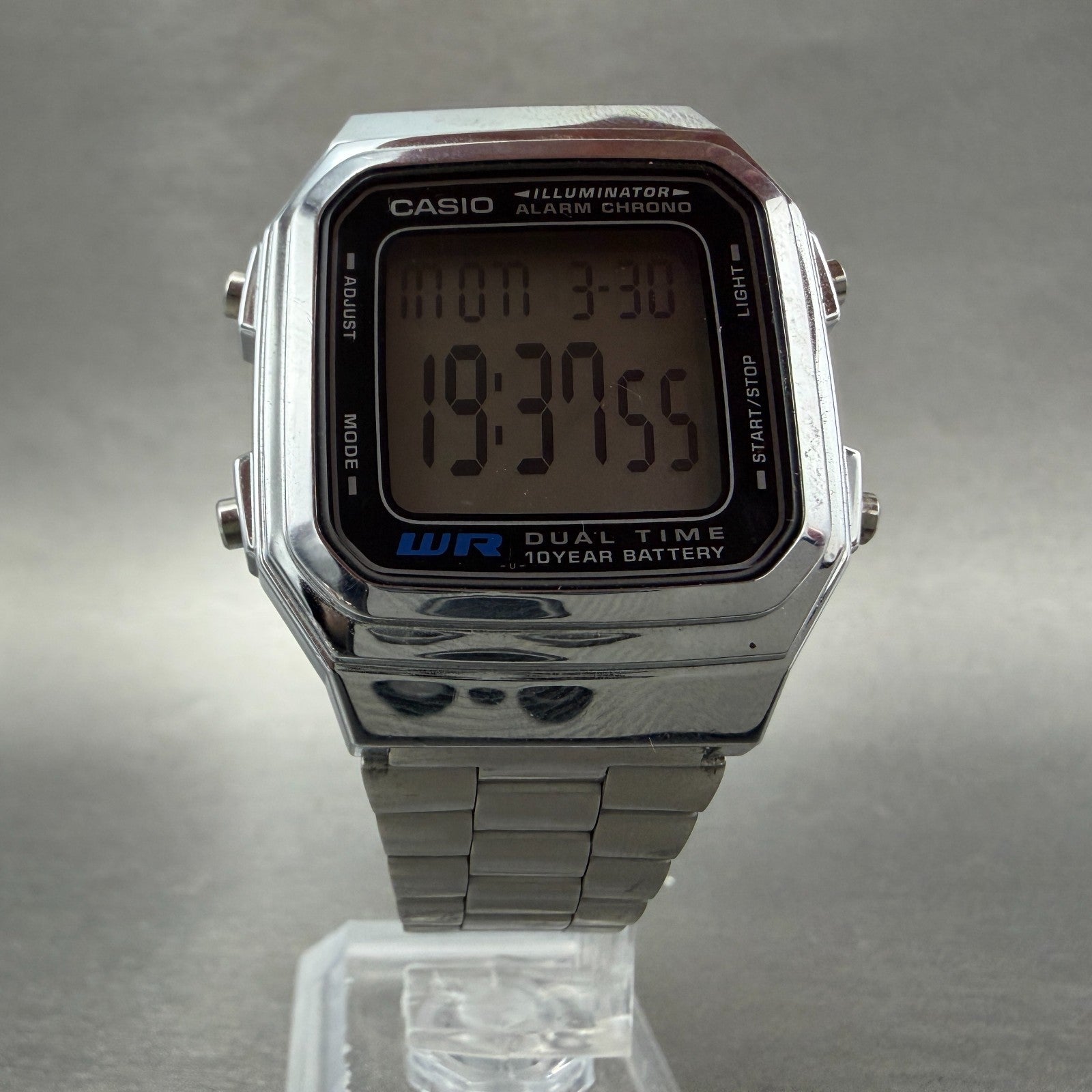 Casio Iluminator Digital Watch Men 34mm Silver Tone Alarm Chrono A178W New Batt5