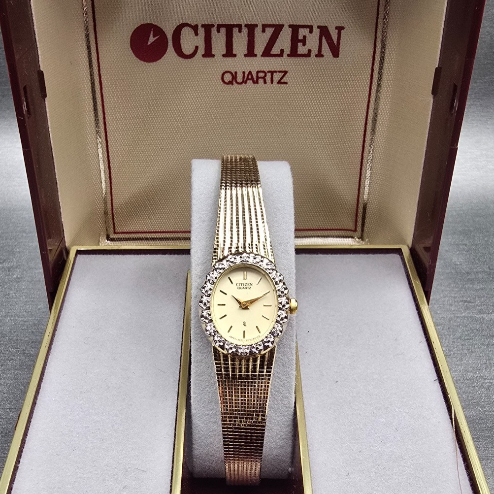 Citizen CQ Watch Women 17mm Cream Dial Gold Tone Gemmed 3220 New Battery NOS0