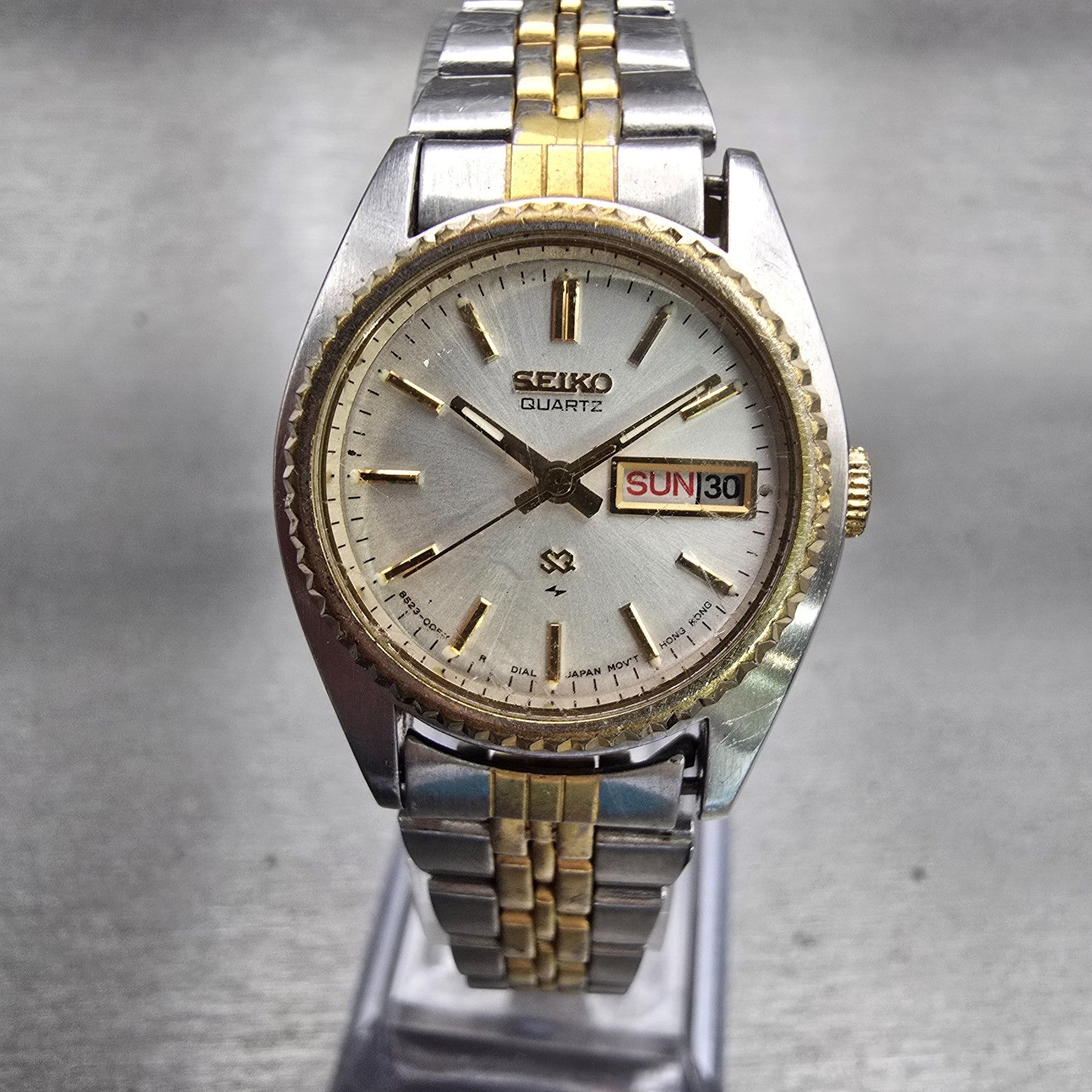 Seiko SQ Watch Women 24mm Silver Dial Two Tone Daydate Round 8523-0069 New Batt0