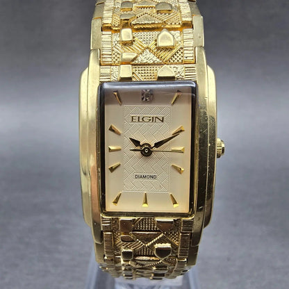 Elgin Tank Watch Women 19mm Gold Dial Gold Tone Rectangle EG286NB New Battery0