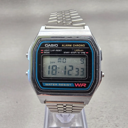 Casio A-158W Digital Watch Men 33mm Black Dial Silver Tone Chrono Alarm New Bat0