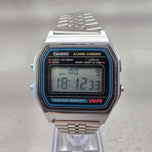 Casio A-158W Digital Watch Men 33mm Black Dial Silver Tone Chrono Alarm New Bat0