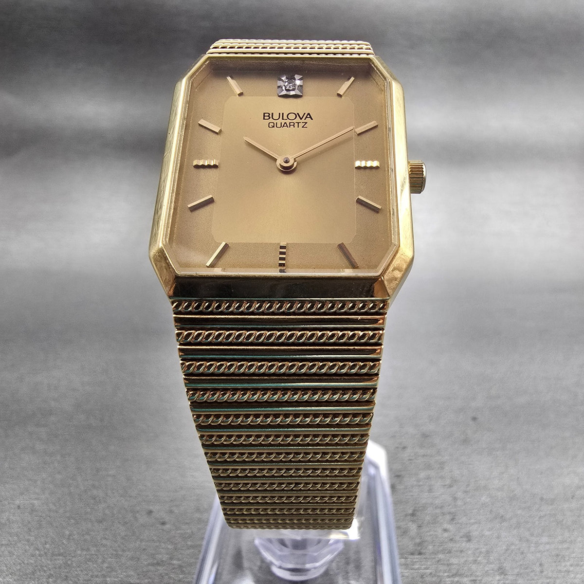 Bulova Watch Men 25mm Gold Dial Gold Tone Gem Stone Rectangle 92M45 New Battery5