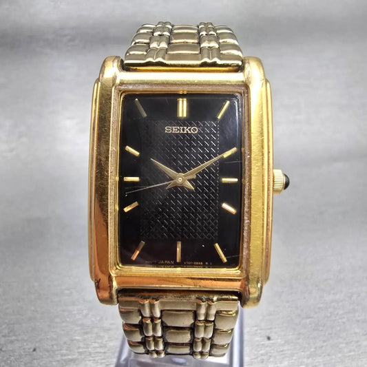 Seiko Watch Men 26mm Black Dial Gold Tone Rectangle V701-5E49 New Battery VTG0