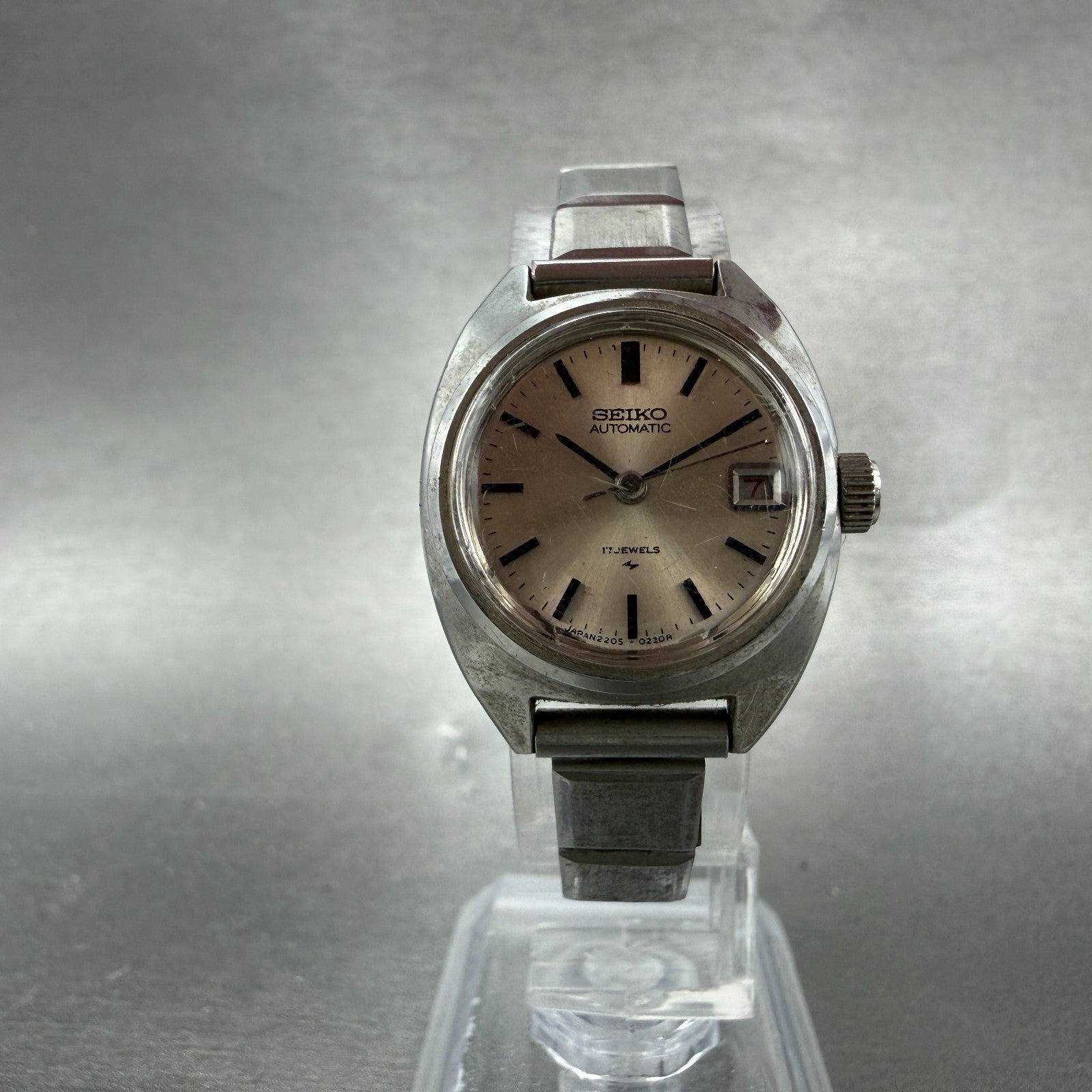 Seiko Automatic Watch Women 23mm Silver Dial Silver Tone Date Round PARTS VTG6