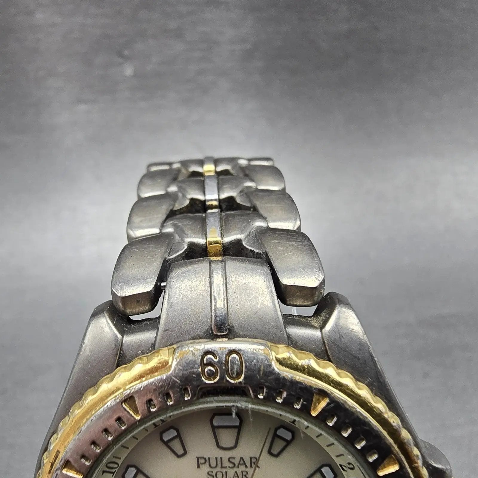 Seiko Pulsar Solar Dive Watch Men 38mm Gray Dial TwoTone Titanium READ!!!!! Runs4