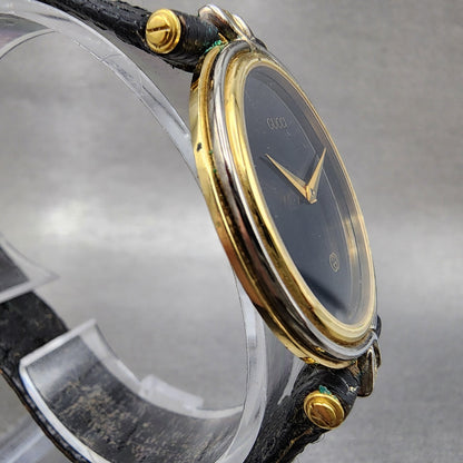 Gucci 4500m Watch Men 32mm Black Dial Gold Plated Round Leather Band New Battery3
