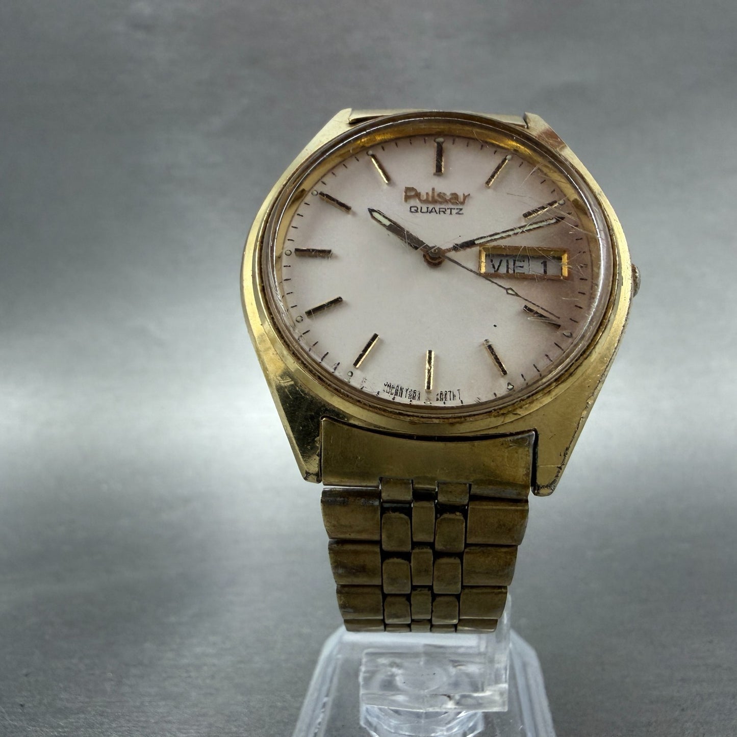 Seiko Pulsar Watch Men 36mm White Dial Gold Tone Daydate V563-8049 New Batt5