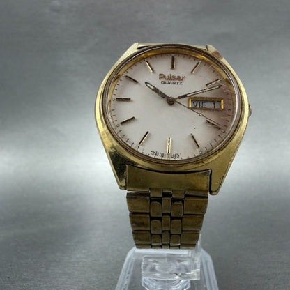 Seiko Pulsar Watch Men 36mm White Dial Gold Tone Daydate V563-8049 New Batt5