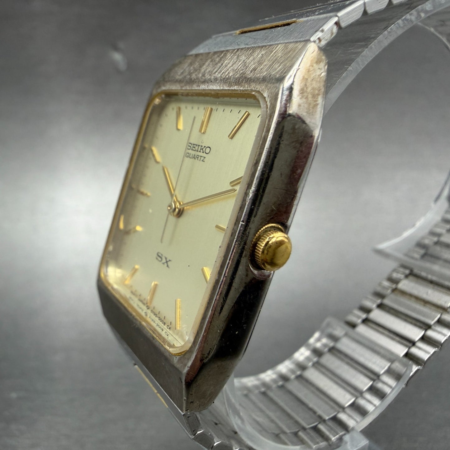 Seiko SX Tank Watch Men 26mm Champagne Dial Two Tone Rectangle 5Y95-5010 New Bat2